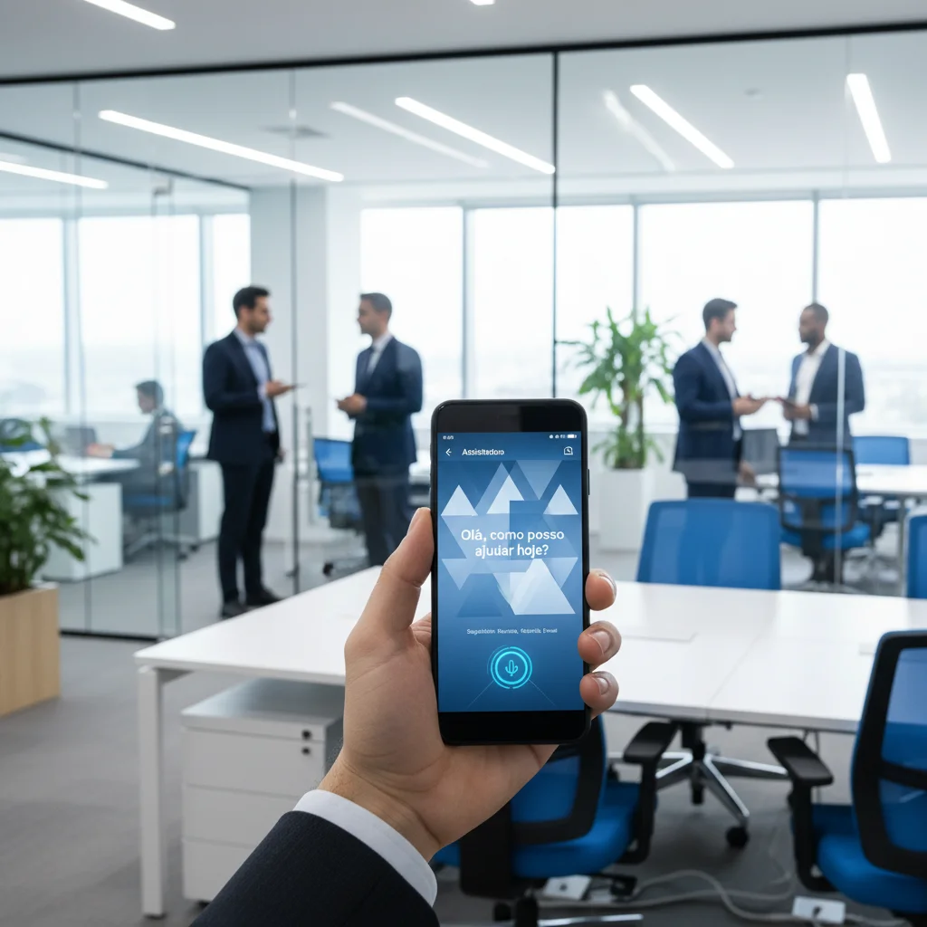 Professional photograph of a modern Brazilian office, a sleek interface of an AI assistant on a smartphone screen held in hand, blurred background of a collaborative workspace, natural daylight, high-end corporate aesthetic, blue and white color palette, 