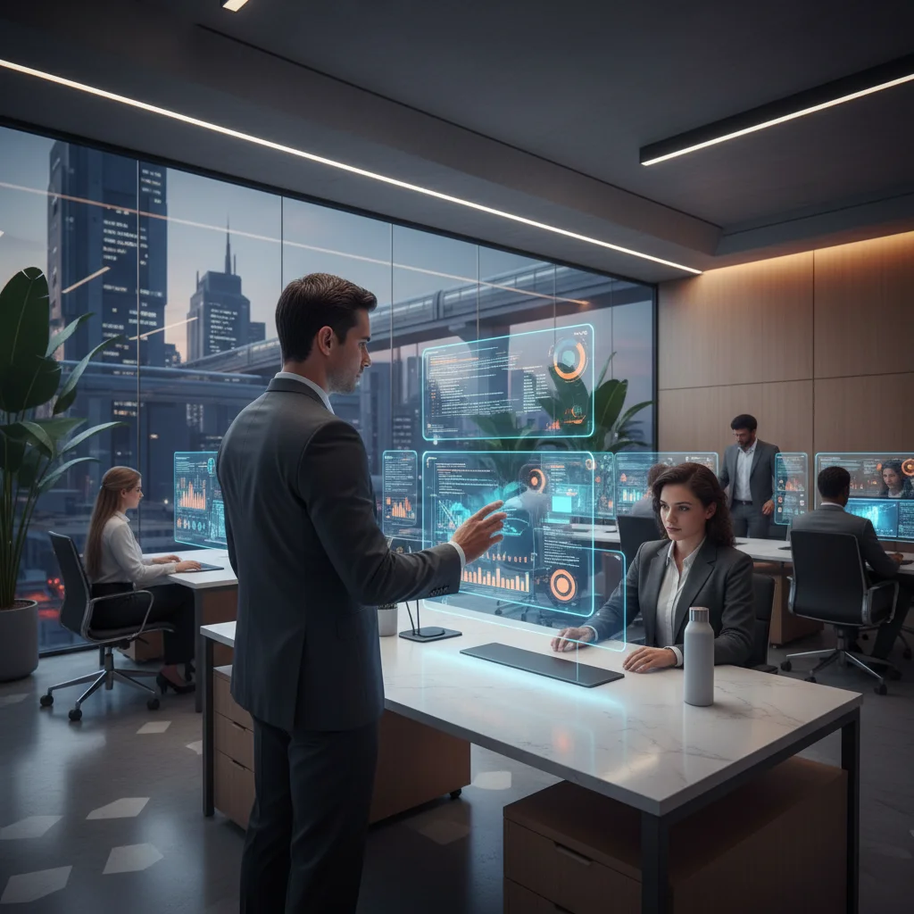 A modern, high-tech Brazilian office environment with a professional manager looking at a holographic dashboard interface, no manual paperwork on desk, clean minimalist aesthetic, soft blue and warm ambient lighting, 16:9 aspect ratio, photorealistic, cin