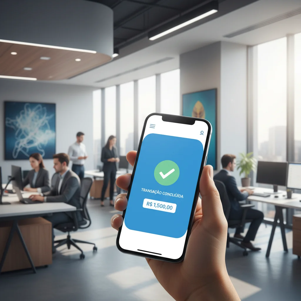 A professional, high-tech office environment in Brazil, showcasing a sleek digital interface on a smartphone screen showing a successful transaction, blurred background of a modern workspace, soft natural lighting, cinematic photography style, vibrant blu