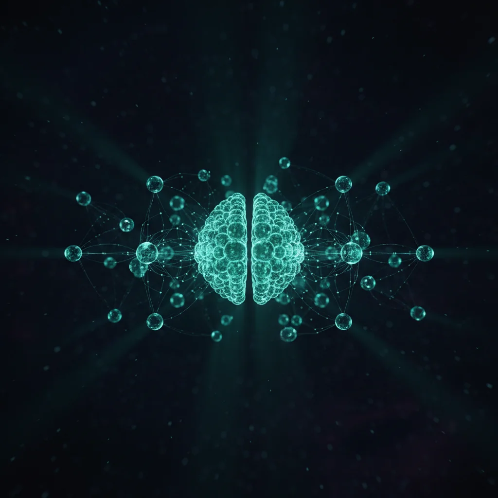 Uma imagem profissional e moderna mostrando um painel de ERP complexo com gráficos e dados, onde elementos de inteligência artificial (linhas de código fluidas, ícones de IA) se interconectam com interfaces de chat (balões de fala, ícones de WhatsApp/Tele