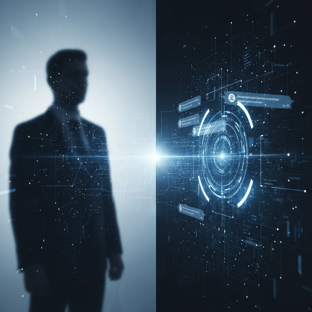 Professional and clean aesthetic, a split composition: on one side, a blurred silhouette of a human business professional, and on the other, a glowing, sophisticated digital interface representing an AI agent connected to data streams, WhatsApp interface 
