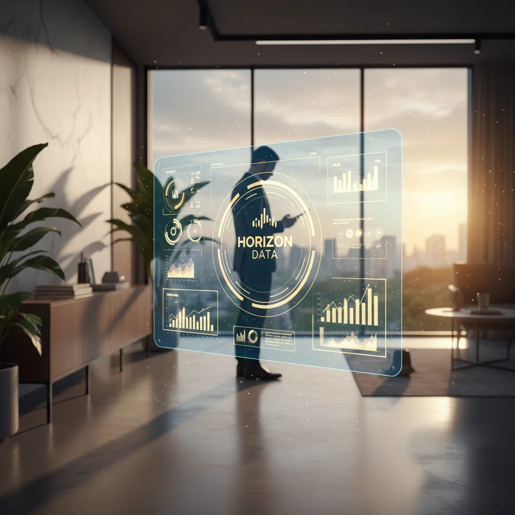 A high-end, professional photography of a sleek, futuristic digital dashboard floating in a modern Brazilian office space. A blurred silhouette of a business executive in the background looking at a smartphone, warm natural lighting coming from a large wi