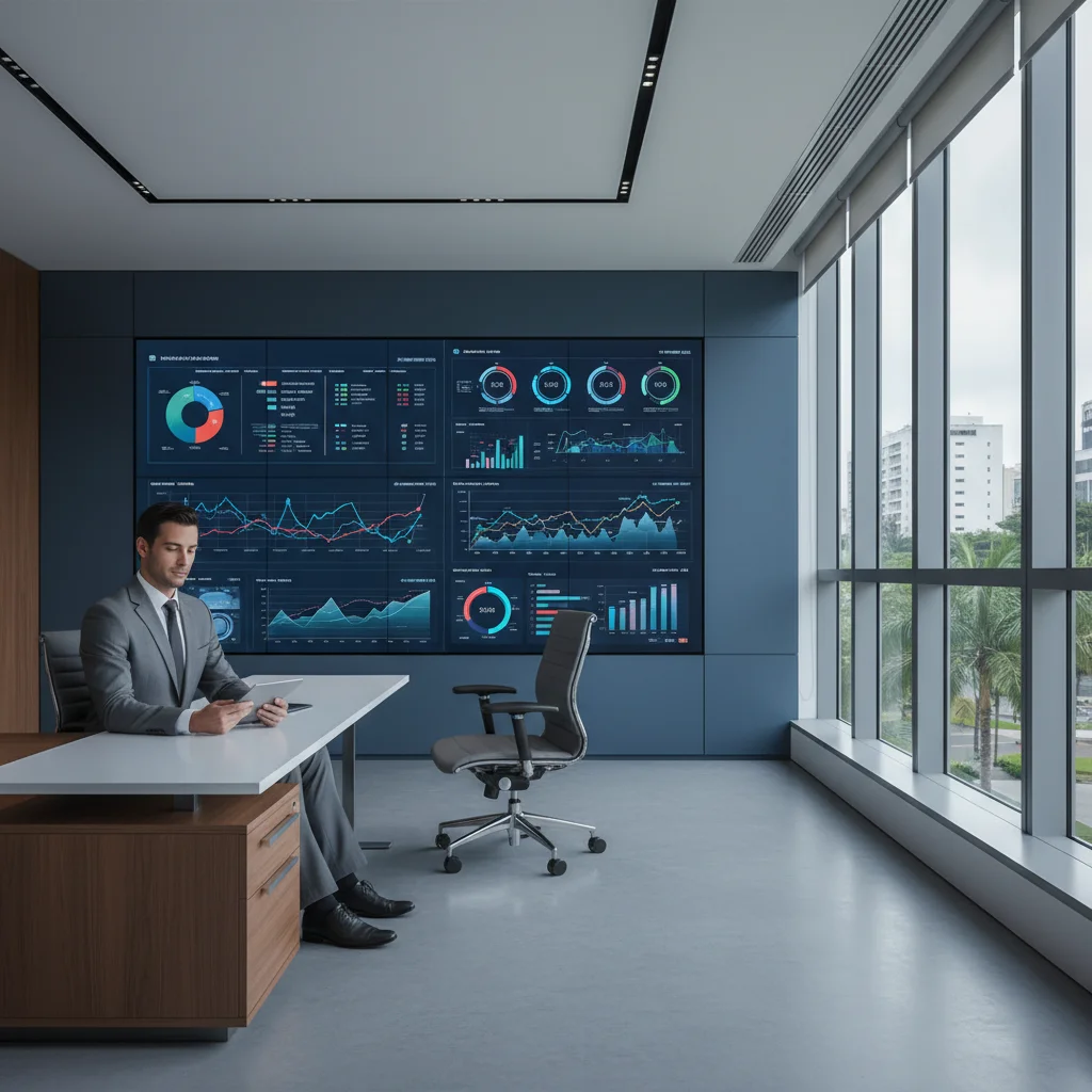 A sophisticated, high-tech office environment in Brazil, featuring a clean, minimalist aesthetic with a large digital screen displaying real-time business data and flowcharts, a professional person looking at a tablet with a calm expression, soft natural 