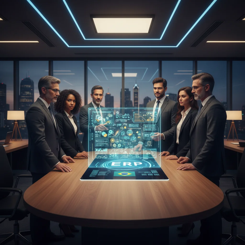 A sophisticated, high-tech office environment in a Brazilian corporate setting, featuring a holographic interface floating above a sleek ERP dashboard on a tablet. A diverse professional team is observing, looking calm and empowered. The lighting is profe