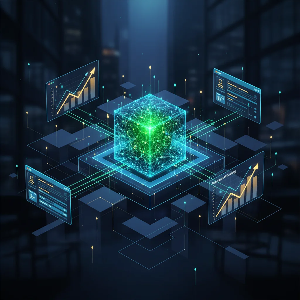 A sophisticated abstract representation of an AI agent integrated into a digital architecture, glowing neural network nodes connecting to traditional business charts and ERP interfaces, cinematic lighting, deep blues and vibrant tech-green, high contrast,