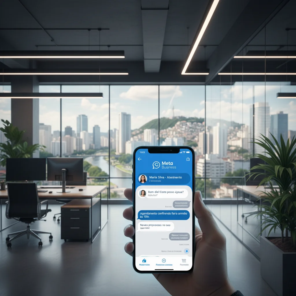 A modern, high-tech office environment in Brazil, blurred background of a bustling city skyline through a large window, in the foreground a sleek smartphone displaying a professional WhatsApp business interface with clean, minimalist UI, soft ambient ligh