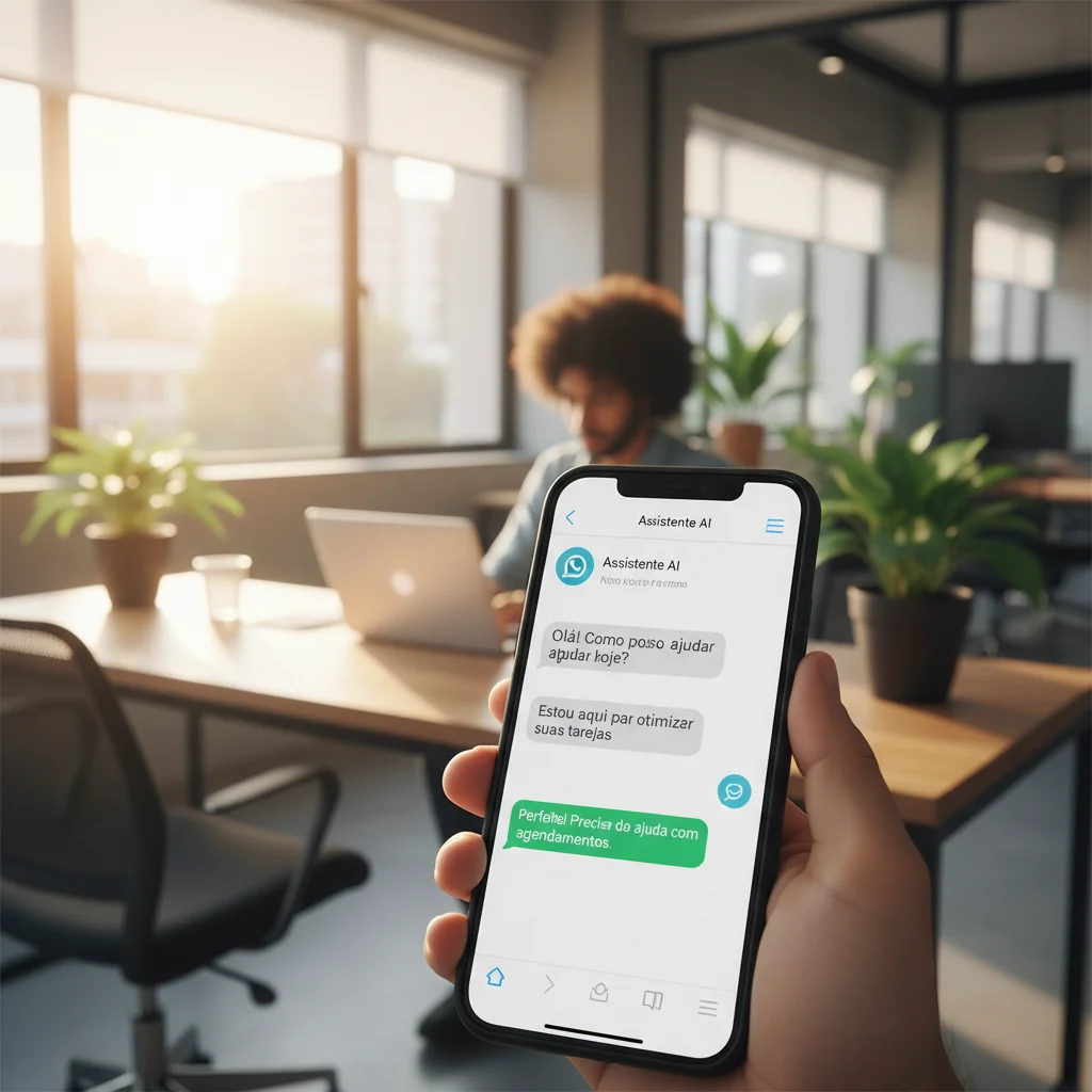 A high-quality, professional photograph of a modern Brazilian office workspace, focus on a smartphone screen showing a clean, friendly WhatsApp chat interface with an AI assistant, blurred background with a team member working on a laptop, warm natural li