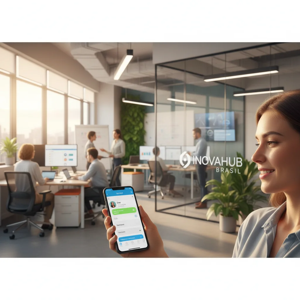 A high-quality, professional photograph of a clean, modern Brazilian office environment. A person is looking at a smartphone screen showing a friendly chat interface, with a soft-focus background of a collaborative workspace. Natural daylight, warm and in