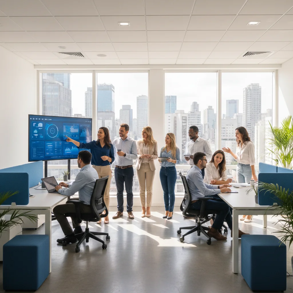 Professional photograph of a modern Brazilian office with diverse team collaborating around a digital dashboard, natural lighting, 16:9 aspect ratio, corporate yet approachable atmosphere, Sao Paulo skyline visible through windows, primary colors blue and