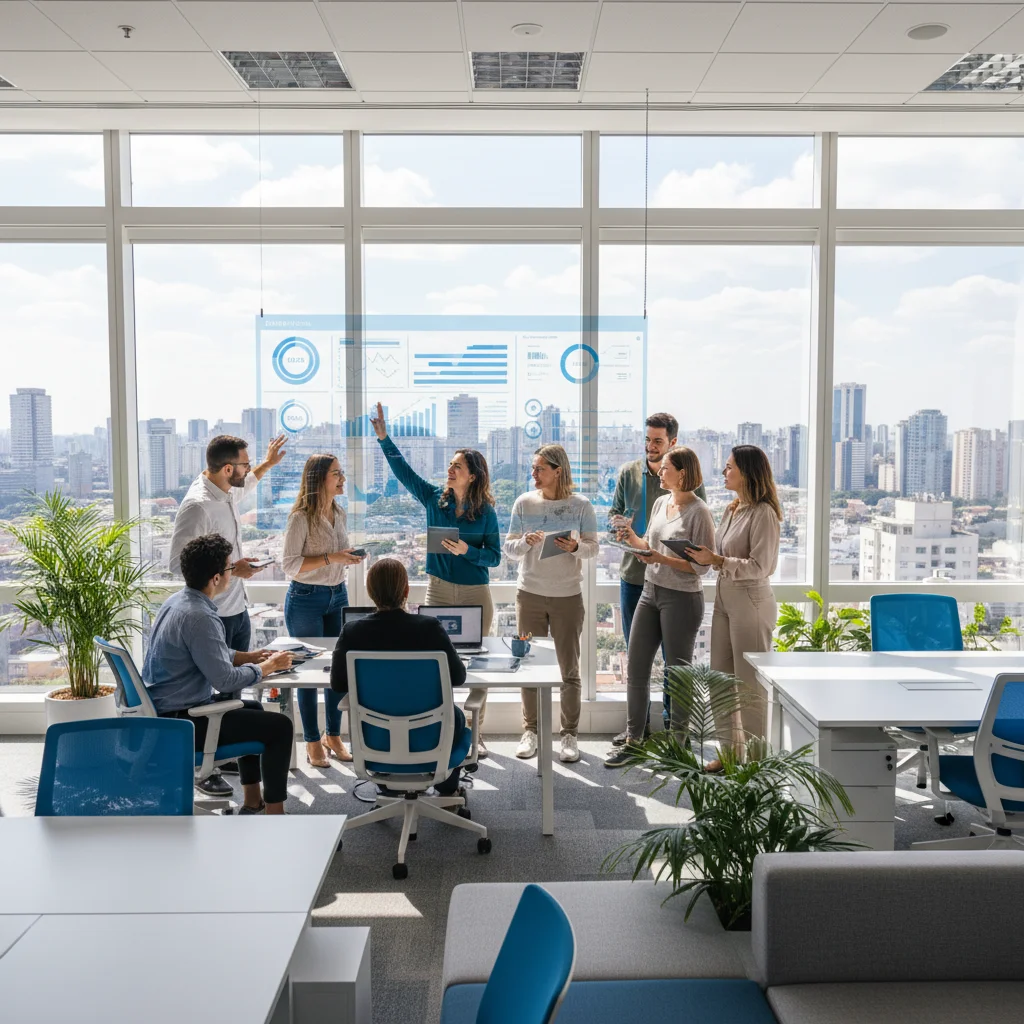 Professional photograph of a modern Brazilian office with diverse team collaborating around a digital dashboard, natural lighting, 16:9 aspect ratio, corporate yet approachable atmosphere, Sao Paulo skyline visible through windows, primary colors blue and