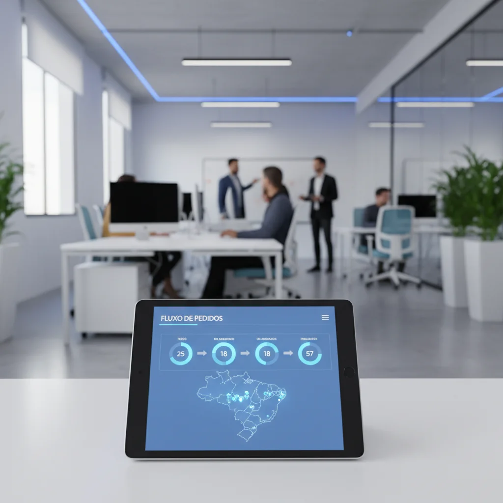 Professional photograph of a modern Brazilian office environment with a focus on a clean, digital dashboard on a tablet showing order flow, natural lighting, blurred background of a team working, high-tech aesthetic with shades of blue and white, 16:9 asp