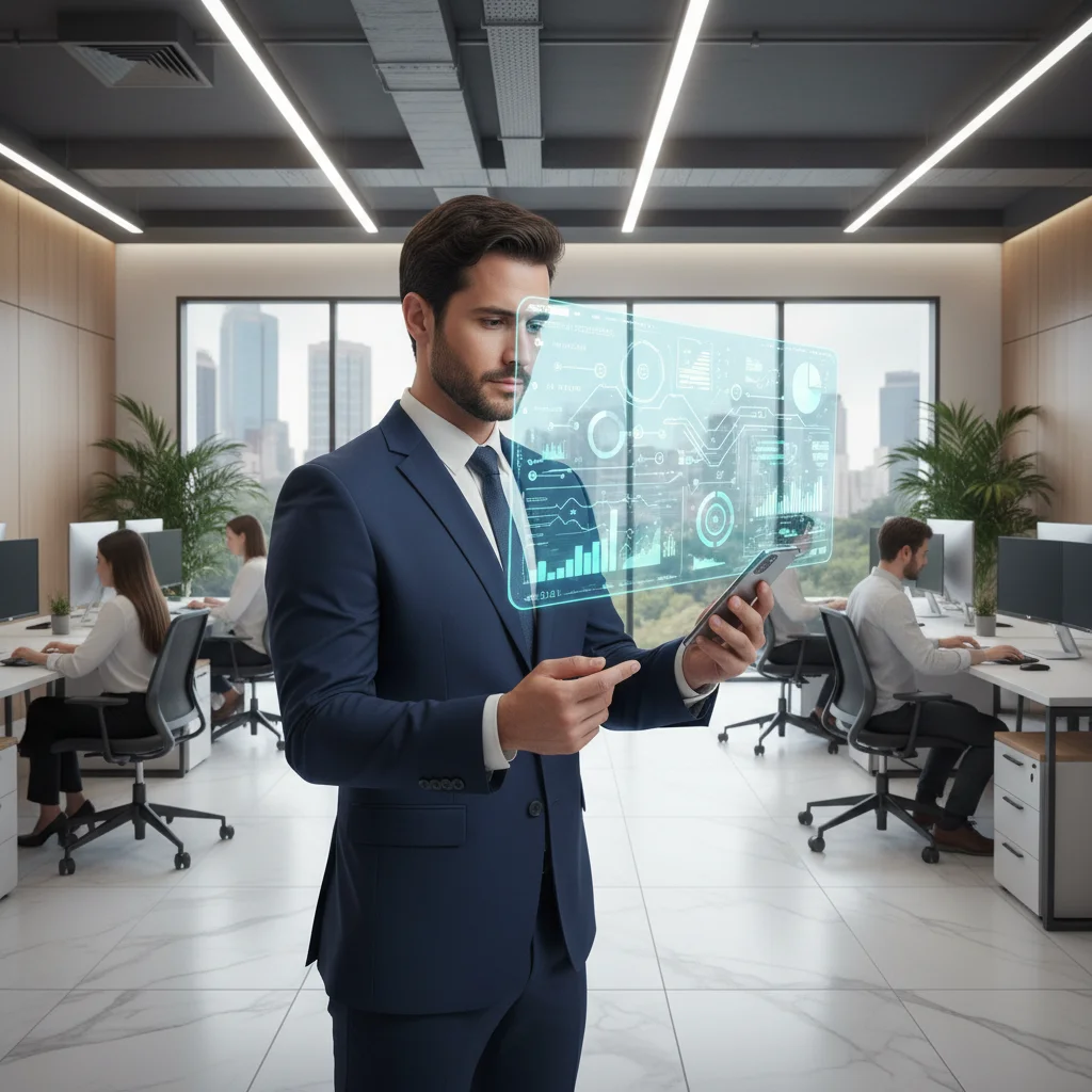 Professional photograph of a modern Brazilian office with a busy entrepreneur holding a smartphone, a holographic interface representing business data and ERP integration floating above the screen, natural lighting, Sao Paulo office interior, high-tech an