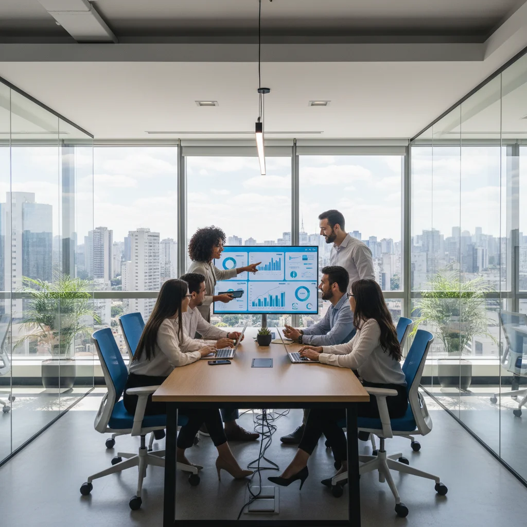Professional photograph of a modern Brazilian office with diverse team collaborating around a digital dashboard, natural lighting, 16:9 aspect ratio, corporate yet approachable atmosphere, Sao Paulo skyline visible through windows, primary colors blue and