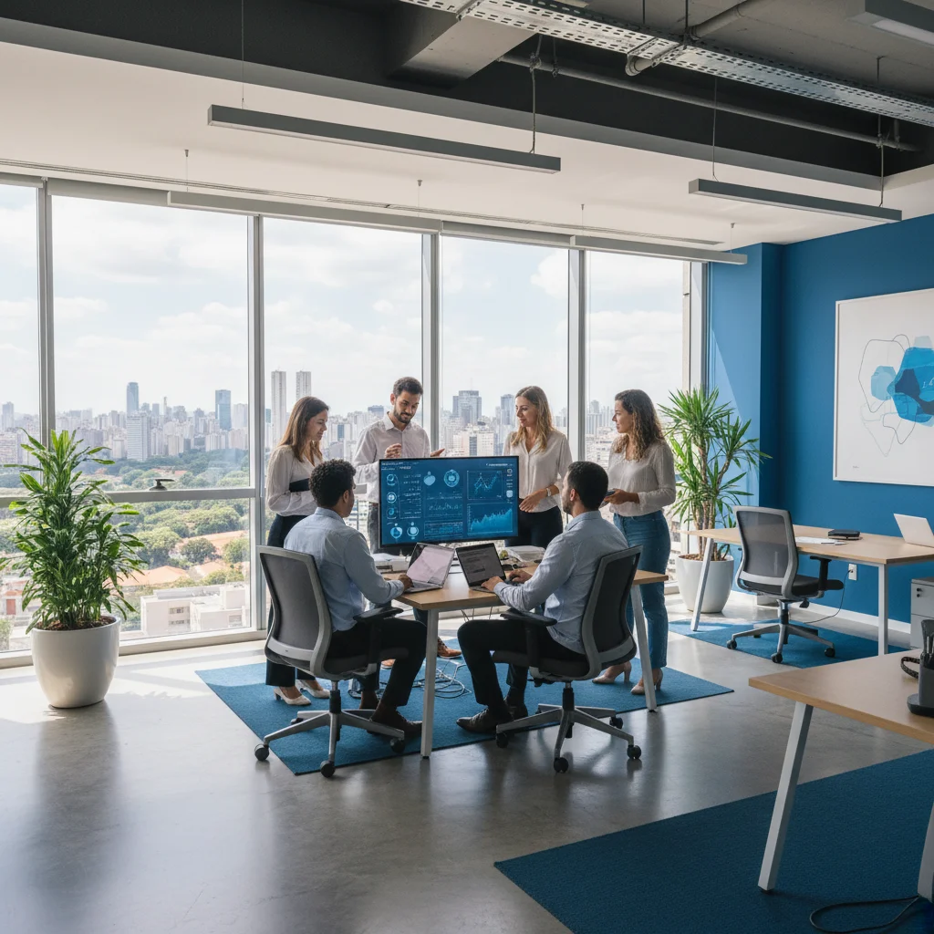 Professional photograph of a modern Brazilian office with diverse team collaborating around a digital dashboard, natural lighting, 16:9 aspect ratio, corporate yet approachable atmosphere, Sao Paulo skyline visible through windows, primary colors blue and